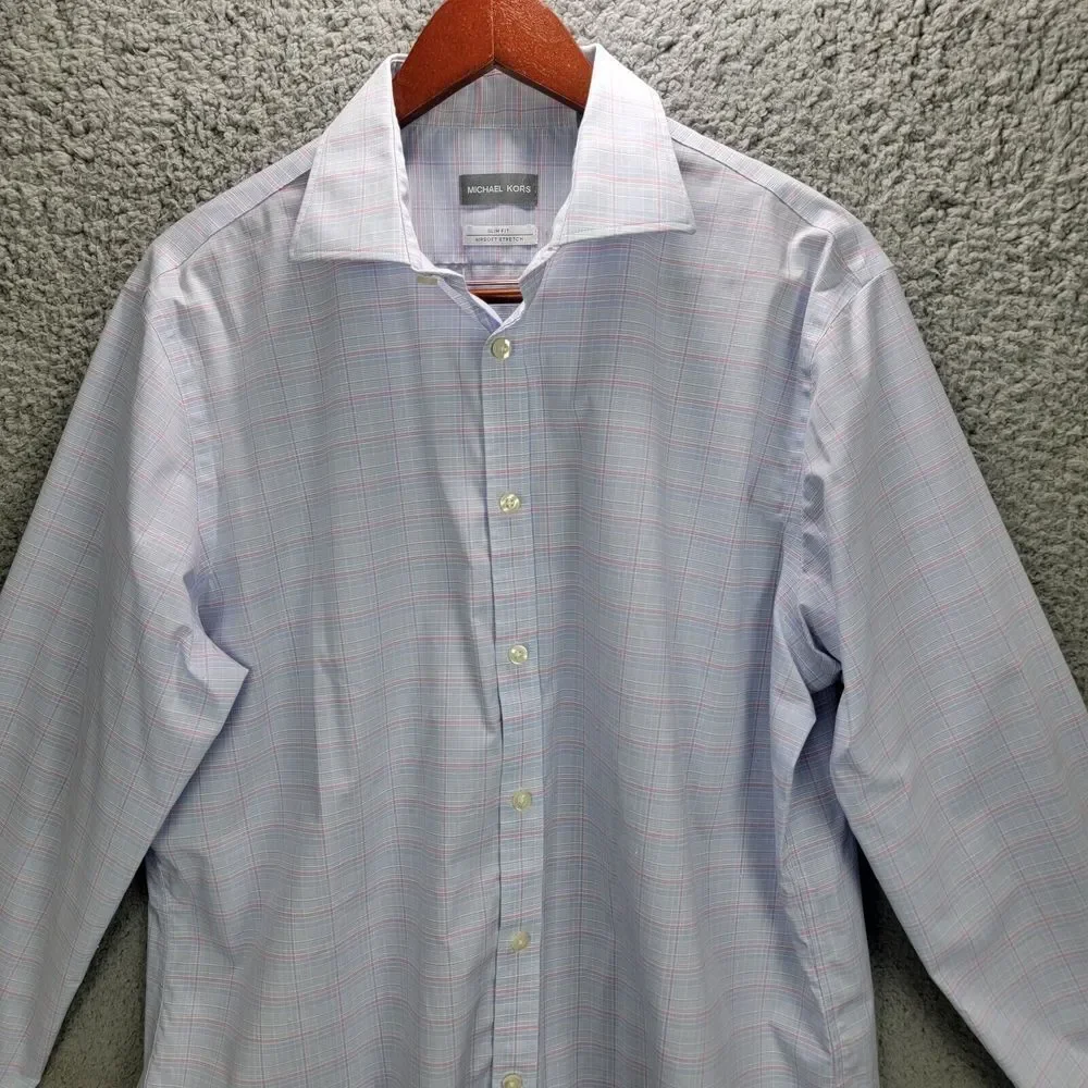 Michael Kors Shirt Mens 17 34 35  XL Blue Plaid Slim Fit Air Soft Button Front